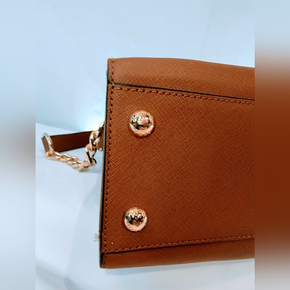 MICHAEL KORS Cognac Hamilton Saffiano Leather Satchel with Gold-Tone Chain Strap - Picture 7 of 16